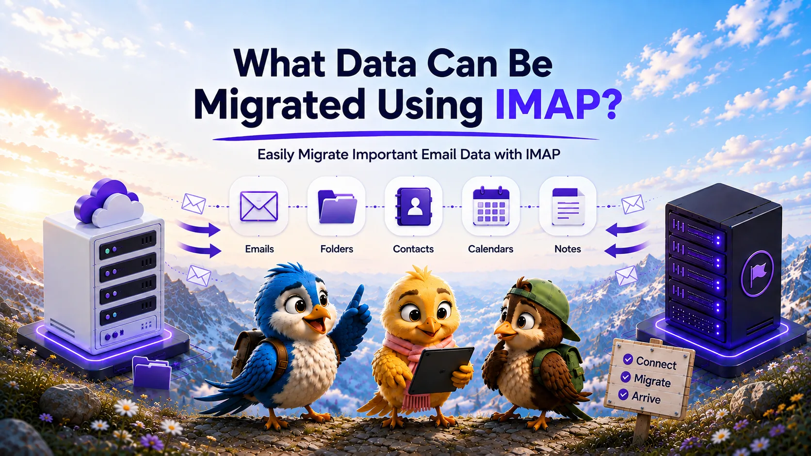 Diagram showing email data being successfully migrated via IMAP while calendar data is blocked | MigrateZilla